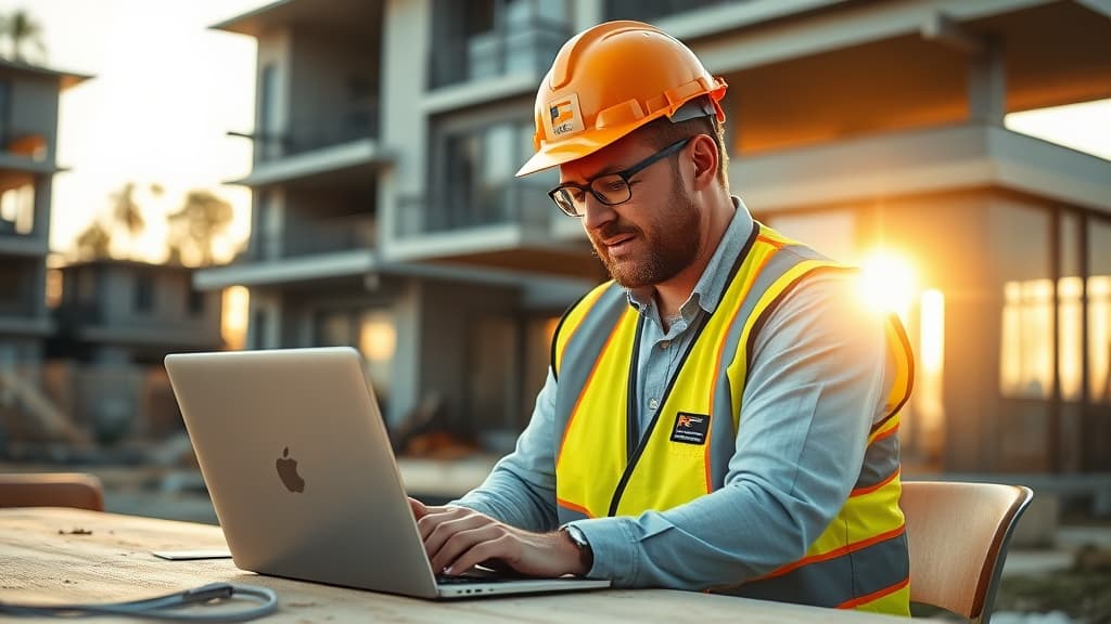 Australian builder reviewing quote leads on a laptop at a construction site