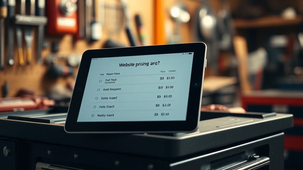 Australian tradie looking at website pricing on a tablet