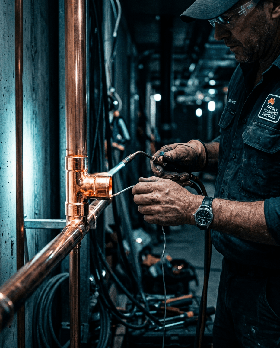 Professional Australian plumber at work with copper pipes