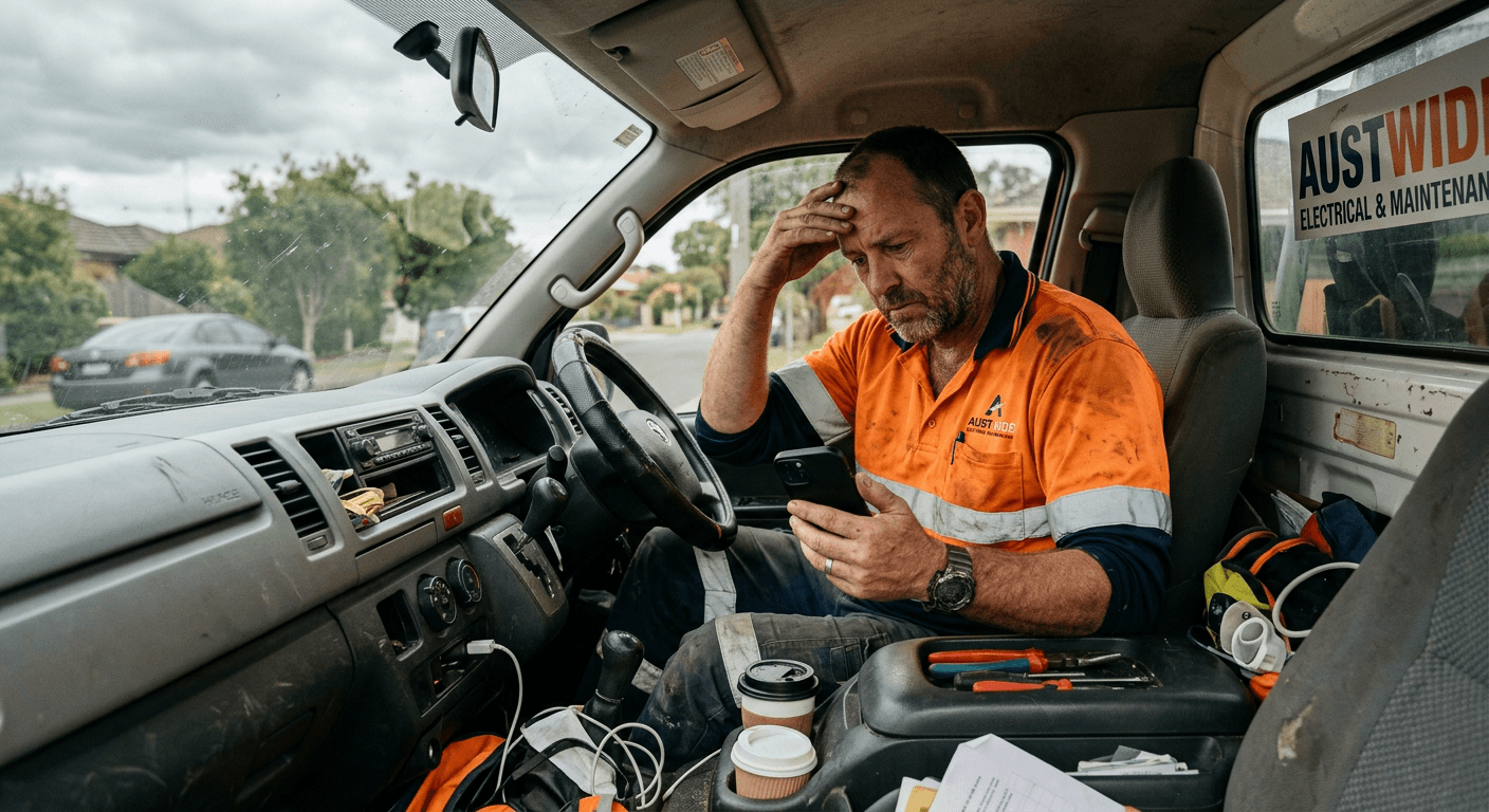 Tradesman looking frustrated at a phone with no calls
