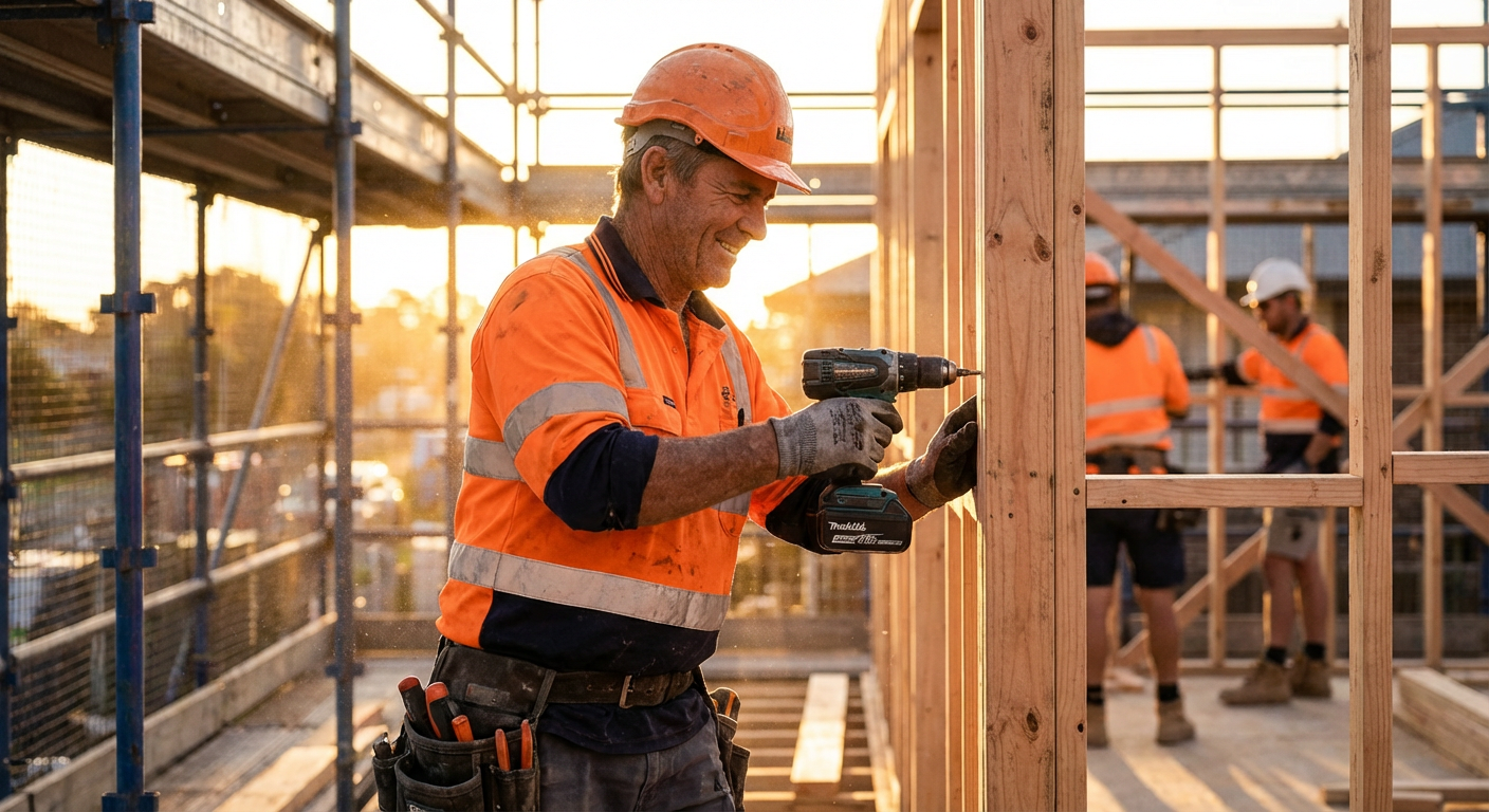Professional Australian tradie using power tools on construction site - SilicoNext Digital helps tradies get found online